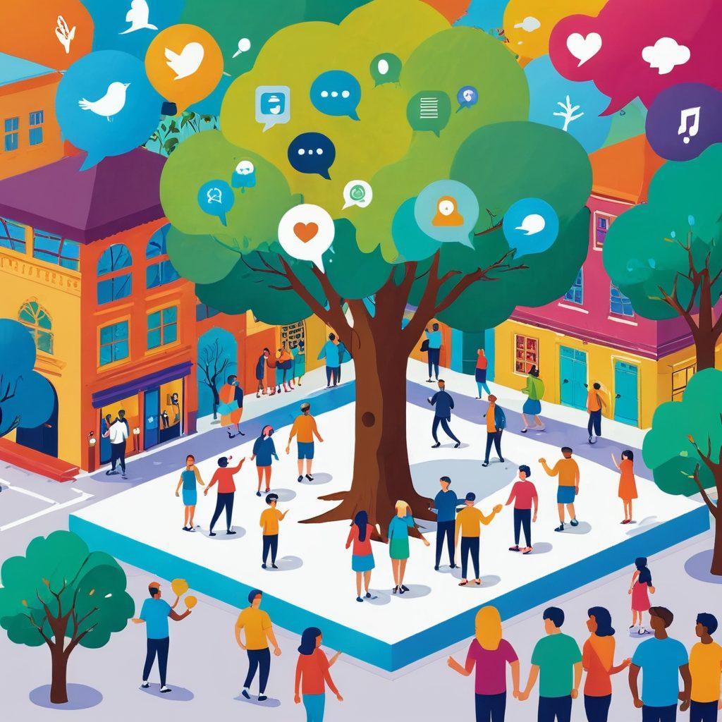 A bustling online community depicted as a vibrant digital town square, with diverse avatars interacting animatedly, colorful speech bubbles and icons representing engagement, and a large central tree symbolizing growth. vector art. vibrant colors. playful style.