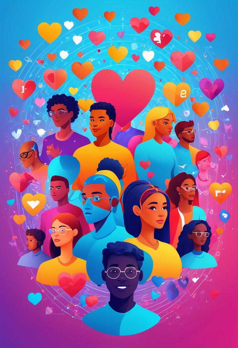 A vibrant depiction of diverse avatars engaging in animated conversations, exchanging ideas and building relationships within a digital web of interconnected nodes; vivid icons of likes, hearts, and comments floating around. Vibrant colors. vector art.